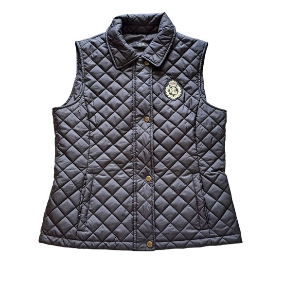 Lauren Ralph Lauren Womens Quilted Vest M Black Label Crest Patch Equestrian - Picture 1 of 11